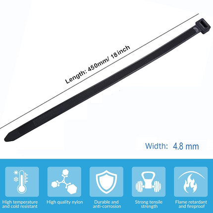 Yalixuani mustad kaablisidemed, 450 mm × 4,8 mm, kvaliteetsed iselukustuvad nailonist kaablisidemed, suured UV-kindlad kaablisidemed, eriti pikad välistingimustes kasutatavad kaablisidemed, 100 tk pakis