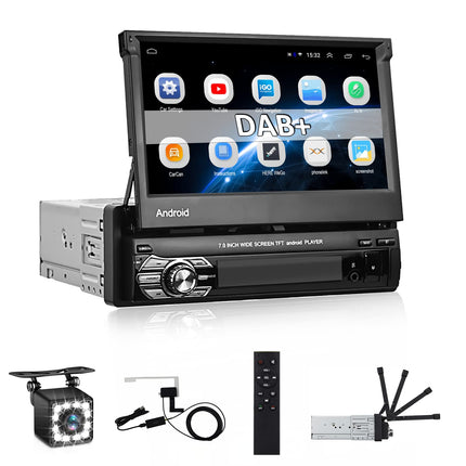 CAMECHO DAB+ Android autoraadio 1 DIN navigatsiooniga, 7-tolline pikendatav ekraan Bluetoothi ​​ja vabakäesüsteemiga, peegliühendusega, AUX-sisendiga, FM-ühendusega, USB-ga, tahavaatekaamera ja mikrofoniga.