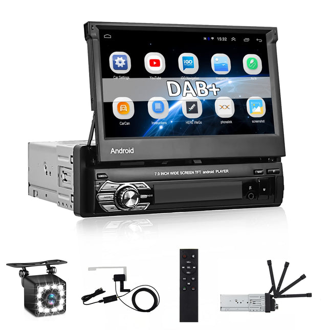 CAMECHO DAB+ Android autoraadio 1 DIN navigatsiooniga, 7-tolline pikendatav ekraan Bluetoothi ​​ja vabakäesüsteemiga, peegliühendusega, AUX-sisendiga, FM-ühendusega, USB-ga, tahavaatekaamera ja mikrofoniga.