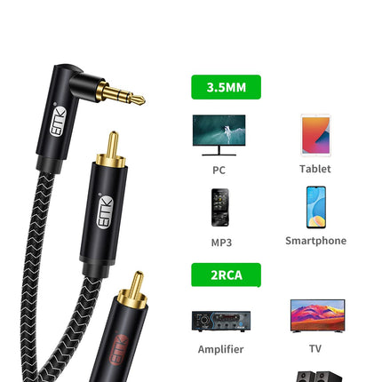 EMK RCA kaabel nurga all pistik 3,5 mm - 2 RCA kaabel 90-kraadine 3,5 mm pistik Y-jaoturkaabel RCA (R&amp;L) nailonist punutud ristkülikukujuline AUX nutitelefoni, kõlari, heliriba, teleri, autostereo jaoks (2 meetrit)