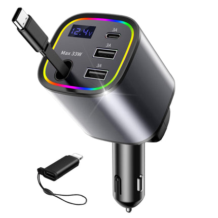 AGEMANY USB sigaretisüütaja adapter 78W, 4-ühes autolaadija sigaretisüütaja USB C kiirlaadija autotelefoni laadijad sissetõmmatav RGB-tulega iPhone'ile, Androidile, autotarvikud (hall)