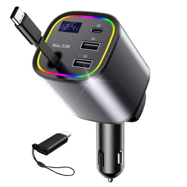 AGEMANY USB sigaretisüütaja adapter 78W, 4-ühes autolaadija sigaretisüütaja USB C kiirlaadija autotelefoni laadijad sissetõmmatav RGB-tulega iPhone'ile, Androidile, autotarvikud (hall)