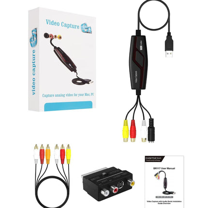 Videokaart, USB 2.0 videokaart, RCA-USB videomuundur, teisendab VHS-videokasseti, Hi8 Mini DV digitaalseks arvuti- ja telerikaamera jaoks, ühildub Mac OS X-i või Windowsiga