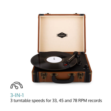auna Jerry Lee Retro Record Player - Record player with stereo speakers, vinyl player with USB, belt drive in 3 stages, 33, 45, 78 rpm, 3 record sizes, without Bluetooth, brown