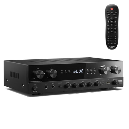 Donner Stereo Amplifier, Premium 4-Channel Amplifier with 1000W Maximum Power and Bluetooth 5.0, USB, FM, 2 Microphone Inputs, RCA, Fiber/Coaxial Input for Home, Karaoke and Cinema Speakers
