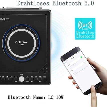 G Keni raadio CD-mängijaga (FM-raadio) | Bluetooth-raadio - 10-vatine juhtmevaba laadija, digitaalne äratuskell LED-ekraaniga, 3,5 mm AUX, kõrvaklapipesa, USB-sisend (must)