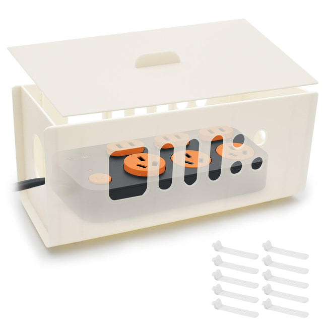 AUSYIWI White Cable Management Box + 10 Cable Ties, Cable Organizer with Lid, Cable Box, for Hiding Cables, Hiding TV Cables, Organizing Computer Cables and Loose Wires
