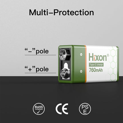 Hixon 9V USB-C Battery, Rechargeable Lithium 9V Block Battery, 760 mAh High Capacity with Type-C Charging Cable, for Smoke Detectors and Multimeters, 4 Pieces 9V Lithium Battery