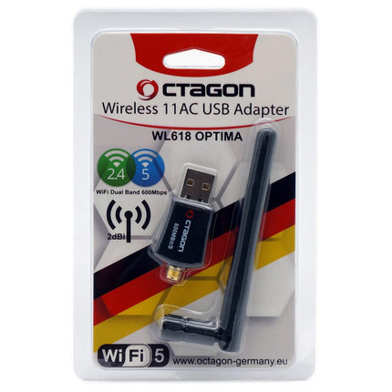 Octagon WL618 Optima WLAN 600 Mbps +2dBi antenni USB 2.0 adapter 2.4 ja 5G kahesagedusliku levialaga, VU+, Gigablue, Protek ja teiste satelliitvastuvõtjatega Linux E2 operatsioonisüsteemi ja arvutiga, must