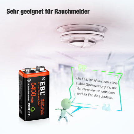 EBL 9V Rechargeable Batteries - USB Rechargeable Batteries 1.5V 5400 mWh, Micro Charging Cable - Fast Charge in 2 Hours (4-Pack)