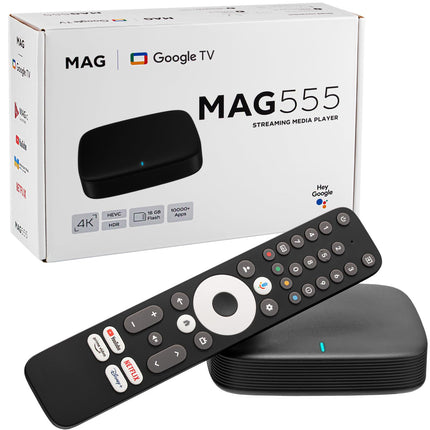 MAG 555 originaalne Infomiri ja hb-digital 4K HDR multimeediamängija-vastuvõtja HDR koos Google Assistant, Netflixi, Prime Video, Disney+, YouTube'i ja Dolby Atmosega