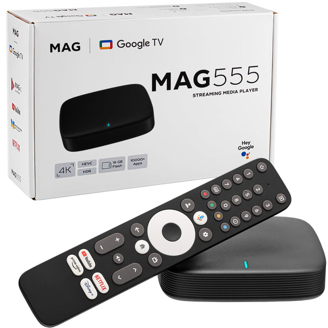 MAG 555 originaalne Infomiri ja hb-digital 4K HDR multimeediamängija-vastuvõtja HDR koos Google Assistant, Netflixi, Prime Video, Disney+, YouTube'i ja Dolby Atmosega