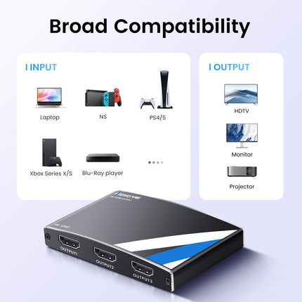 4K HDMI Splitter 1 in 3 Out with 2.6 Ft HDMI Cable, NEWCARE HDMI Distributor [Mirror Only] Supports 4K@30HZ, 1080P, 3D, HDR, HDCP, Doby, HDMI Splitter for Xbox PS5 Fire Stick Roku Blu-Ray Player DVD