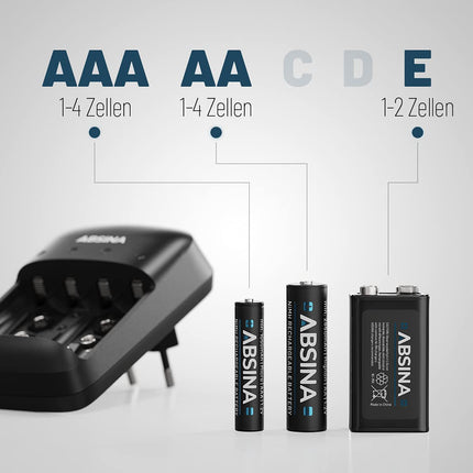 ABSINA akulaadija AA AAA ja 9V - NiMH laadija akude jaoks, 4 sahtliga laetavatele akudele - akulaadija AAA, AA ja 9V plokkidele - akulaadija, akulaadija