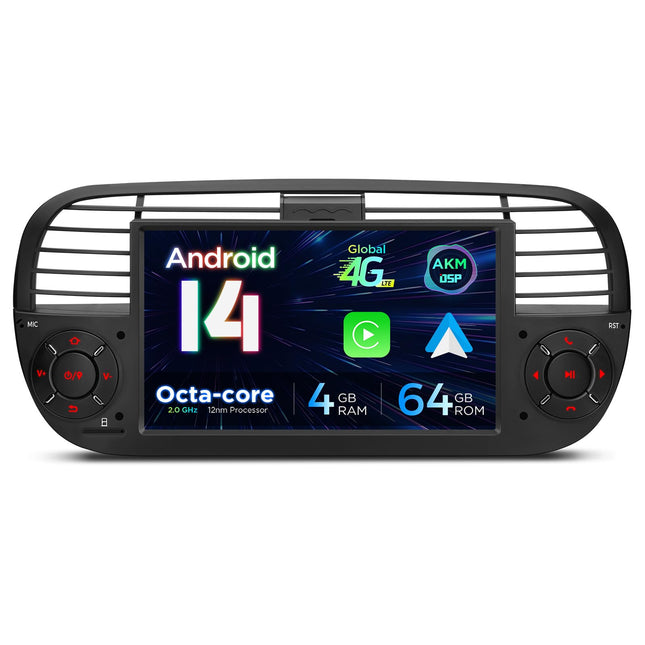 XTRONS 7-tolline IPS Android 14 autoraadio Octa Core 4GB 64GB multimeediapleier FIAT 500-le (2007-2015) Sisseehitatud 4G LTE automäng Android Auto AKM DSP GPS Bluetooth 5.0 WiFi Valikuline DAB OBD TPMS DVR
