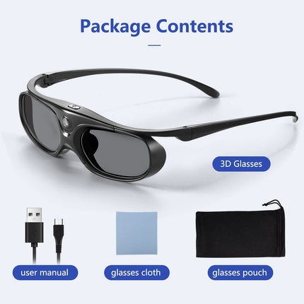 Wowlela 3D Glasses, Rechargeable 3D Active Shutter Glasses for all DLP Link 3D Projectors, Active Shutter 3D DLP Link Rechargeable 3D Glasses Compatible with BenQ, Optoma, Viewsonic DLP Projector