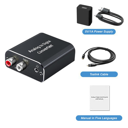 AMANKA analoog-digitaalaudi muundur optilise kaabliga - analoog-digitaalmuundur RCA Cinch + 3,5 mm audiopesa Toslink/SPDIF koaksiaalaudioadapterile teleri, DVD, Blu-Ray, PS3, XBOX jaoks - alumiinium