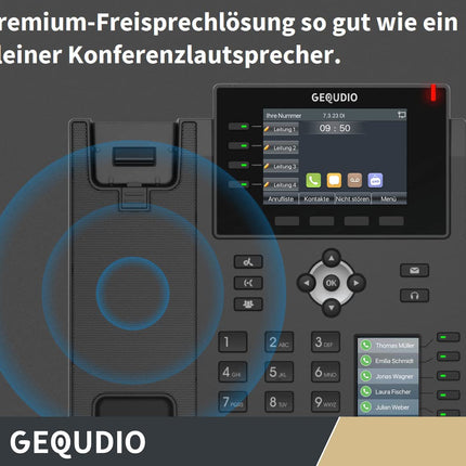 GEQUDIO IP-telefon GX5+ komplekt toiteploki ja 1-kõrvalise juhtmega peakomplektiga - Fritzboxi ja Telekomi ühilduv - käed-vabad seadmed ja 2 värvilist ekraani - saksakeelne kasutusjuhend (PDF) Fritz Boxi, Sipgate'i ja Telekom Speedporti jaoks