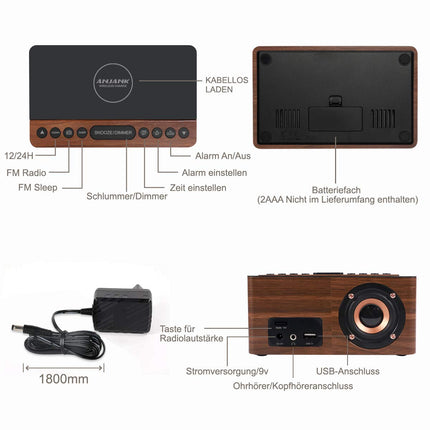 ANJANK digitaalne puidust raadioäratuskell juhtmevaba laadimisjaamaga, 10W kiire juhtmevaba laadija iPhone'ile/Samsung Galaxy'le, LED-ekraan 5-tasemelise dimmeriga, USB-laadimisport, kellraadio, kingitused meestele