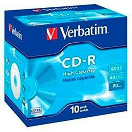 Verbatim CD-R High Capacity, blank CDs with 800 MB data storage, ideal for photo and video recordings, compatible with any conventional CD drive, 10-pack Jewel Case