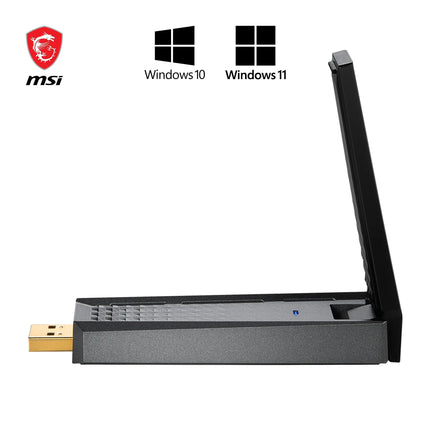 MSI AX1800 WiFi 6 kahesageduslik USB-adapter - WiFi kuni 1800 Mbps (5 GHz, 2,4 GHz traadita), USB 3.2 Gen 1 Type-A, MU-MIMO, reguleeritav antenn, kiirguse kujundamine, WPA3 - juhtmega kinnitus kaasas