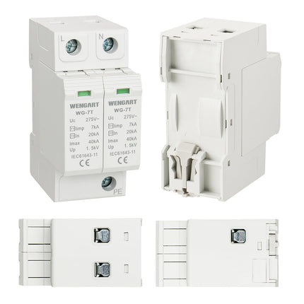 Wengart surge protection device WG-7T, T1+T2 level protection, 2P limp7kA 20-40kA AC275V, household surge protection, DIN rail mounting