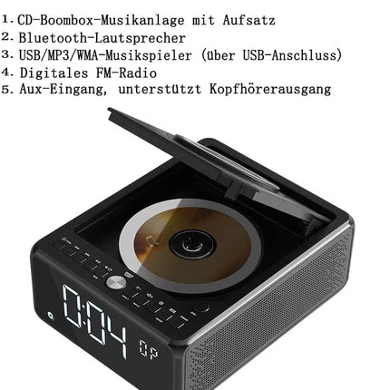G Keni raadio CD-mängijaga (FM-raadio) | Bluetooth-raadio - 10-vatine juhtmevaba laadija, digitaalne äratuskell LED-ekraaniga, 3,5 mm AUX, kõrvaklapipesa, USB-sisend (must)