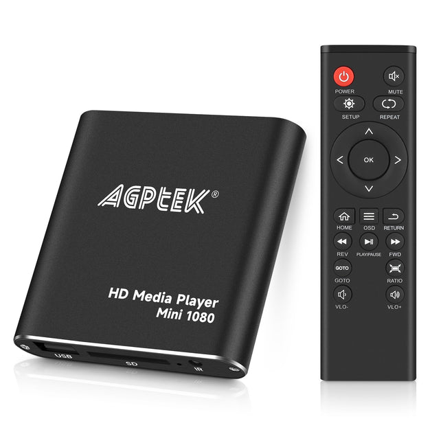 AGPTEK Mini 1080P Full HD digitaalne meediapleier kaugjuhtimispuldiga MP3, WMA, OGG, AAC, FLAC, APE, AC3, DTS, ATRA jaoks - toetab HDMI CVBS ja YPbPr videoväljundit (must).