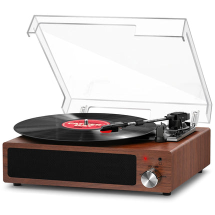 Record Player, FYDEE Vinyl Record Player Bluetooth Record Player Vintage Turntable with Built-in Stereo Speaker and 3-Speed ​​33/45/78 RPM, RCA Output, AUX Input - Walnut