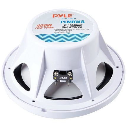 Pyle PLMRW8 Sea subwoofer, veekindel, 8" (20,00 cm), 200 mm, valge. Sobib paatidesse, basseini või muudesse kohtadesse. Avatav ühe mähisega, 4 oomi takistus, 200 vatti, RMS, max 400 vatti.