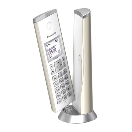 Panasonic KX-TGK220GN Designer Cordless Phone with Answering Machine, Dock &amp; Handset, Speakerphone, White LCD, Nuisance Call Blocker, Handset Magnet, Champagne Gold