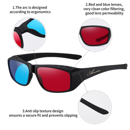AoHeng punased sinised/tsüaansinised 3D anaglüüfiprillid 3D-filmide ja koomiksite jaoks, suur raam, selged, heledamad (2 tk)
