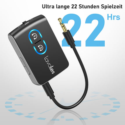 Lavales Bluetooth 5.3 Transmitter Receiver, Wireless 2-in-1 Audio Adapter Bluetooth Splitter for 2 Headphones, AptX-LL 3.5 mm Jack for TV/Airplane/Speaker/Gym (Adjustable Volume)