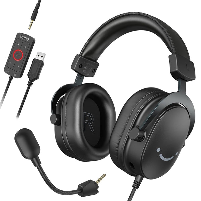 FIFINE mängukõrvaklapid mikrofoniga, kõrvaklapid kaabliga, USB-kõrvaklapid arvutile, PS4, PS5, Xbox Switch, RGB-kõrvaklapid 7.1 ruumilise heli ja kõrvapatjadega