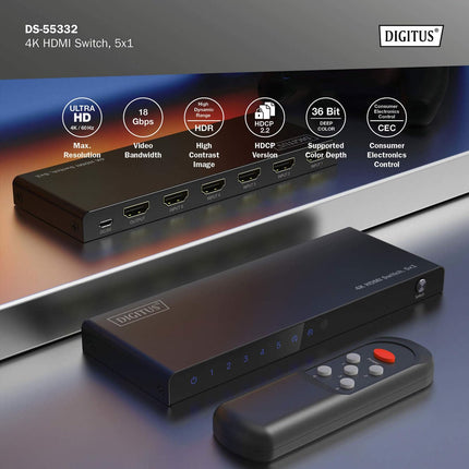 DIGITUS DS-55332 HDMI-lüliti 5x1 - 5 sisendit, 1 väljund - UHD 4K/60 Hz HDTV: 3840 x 2160p - HDCP 2.2 ja HDMI 2.0 - HDR, CEC, Deep Color, DTS, Dolby Digital, LPCM - teleri, monitori, PS5, PS4, Xboxi jaoks