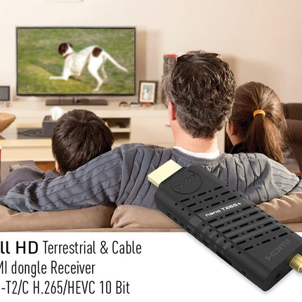 Edision Nano T265+ maapealse DVB-T2 ja kaabel-DVB-C HDMI dongle vastuvõtja, H265 HEVC, FTA, Full HD, PVR, USB, HDMI, IR, USB WiFi tugi, universaalne 2-ühes kaugjuhtimispult, must