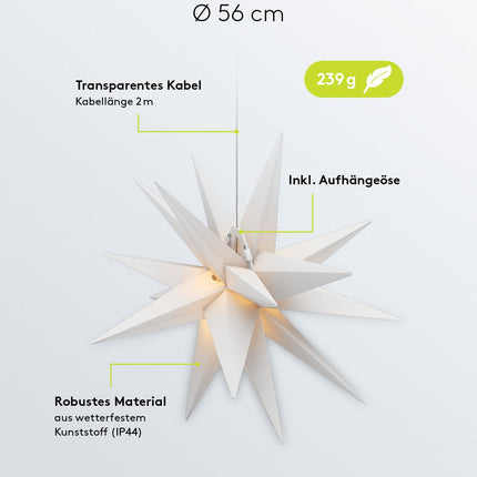 goobay 64788 LED Christmas Star 3D Ø 56 cm/Star with 18 points and timer/Christmas decoration/for atmospheric atmosphere/Battery-operated/Wall decoration/Illuminated star/White