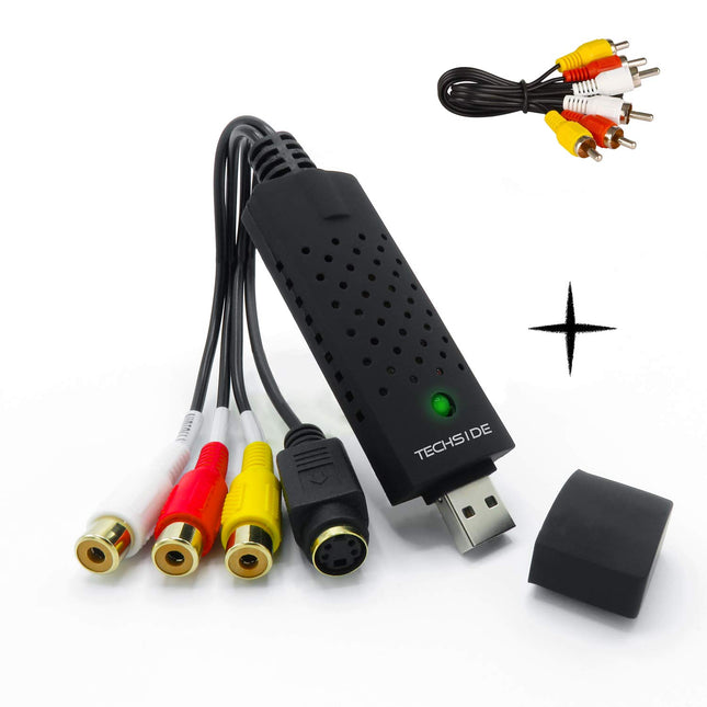 TECHSIDE Video Grabber VHS Golden Contacts | Analog to Digital | Windows 10 + New Software 2019 | USB 2.0 Converter VHS Capture | Convert old video cassettes to MPEG digital format