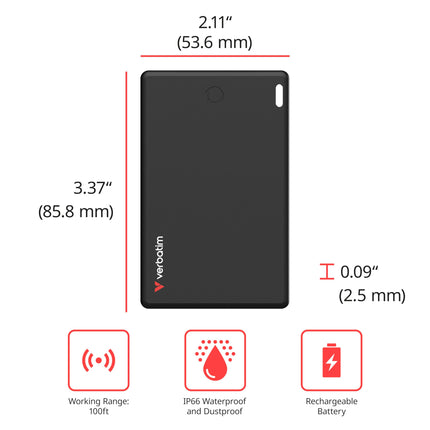 Verbatim My Finder Card, Slim Wallet Tracker Card, Rechargeable Bluetooth Item Finder, for Wallets, Passports, etc., Compatible with Apple "Find My?"