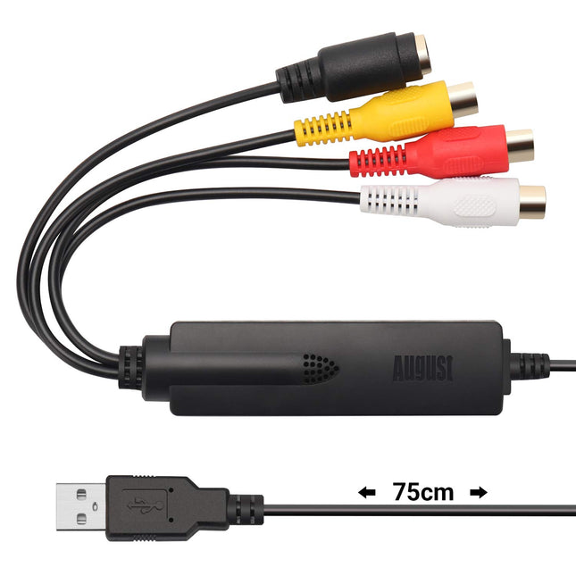 USB Video Grabber – August VGB350 Converter with Composite and S-Video connection for digitizing VHS Hi8 cassettes to DVD USB hard drive – Supports SECAM PAL NTSC – Compatible with Windows
