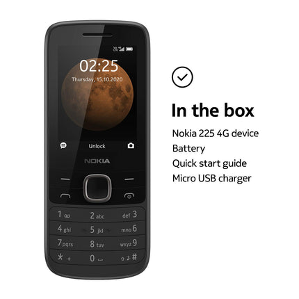 Nokia 225 (2020) 4G kahe SIM-kaardiga mobiiltelefon esmaklassilise disainiga (2,4-tolline QVGA ekraan, 4G tehnoloogia, Bluetooth 5.0, MP3-mängija, FM-raadio, 128 MB mälu (kuni 128 GB microSD kaudu), VGA-kaamera) must