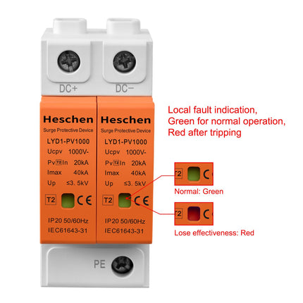 Heschen Surge Protection Device for PV, LYD1-PV1000, 2P 1000VDC 20KA, 35mm DIN Rail Mounting (2)