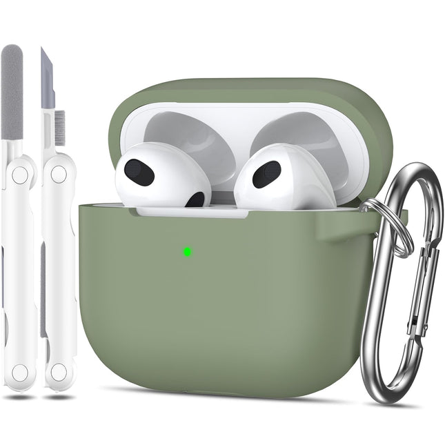 MHYALUDO AirPods 3 põlvkonna ühilduv ümbris 2021, AirPods 3 ümbris, pehme silikoonkaitse, AirPods 3 ümbris võtmehoidja ja puhastuskomplektiga, oliivroheline