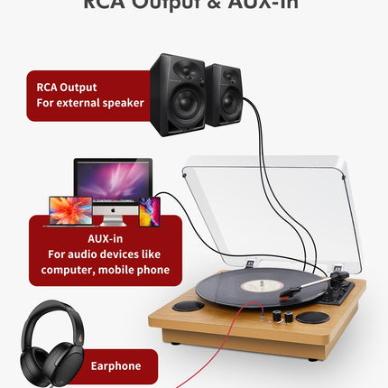 VIFLYKOO Record Player, Bluetooth Record Player with 2 Stereo Speakers, 3-Speed ​​33/45/78 rpm, Retro Record Player Supports Vinyl to MP3/Headphone Jack/AUX Input/RCA Output