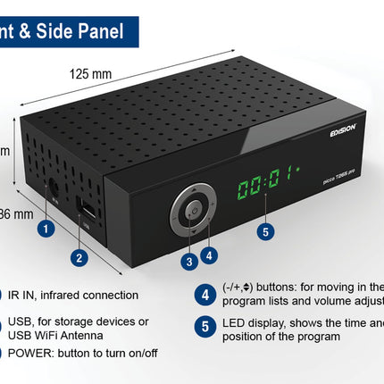 EDISION Picco T265 pro HD maapealse ja kaabeltelevisiooni vastuvõtja DVB-T2/C H.265 HEVC FTA Full HD, PVR, USB, HDMI, SCART, S/PDIF, IR-Eye, USB WiFi tugi, universaalne 2-ühes kaugjuhtimispult, 2-ühes toiteplokk