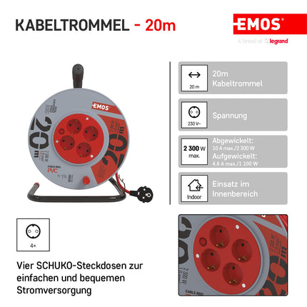 EMOS - Kaablirull 20m - 4 Schuko pistikupesa - 230 V, 10 A, 2300 W - kvaliteetne PVC isolatsioon - H05VV-F3G 1.0 mm² - ülekuumenemiskaitse, rullpidur - IP20 sisekasutuseks