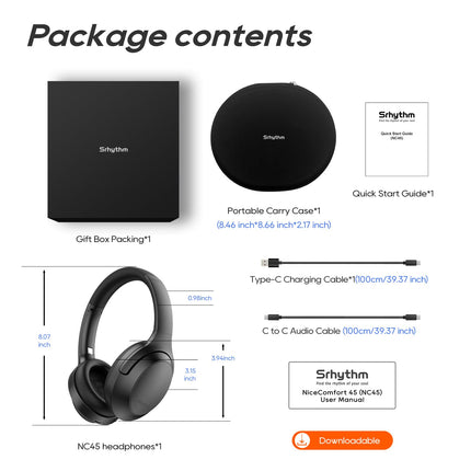 Srhythm NiceComfort 45 aktiivse mürasummutusega kõrvaklapid, traadita Bluetooth-kõrvaklapid läbipaistvusrežiimiga, 33-tunnine aku tööiga