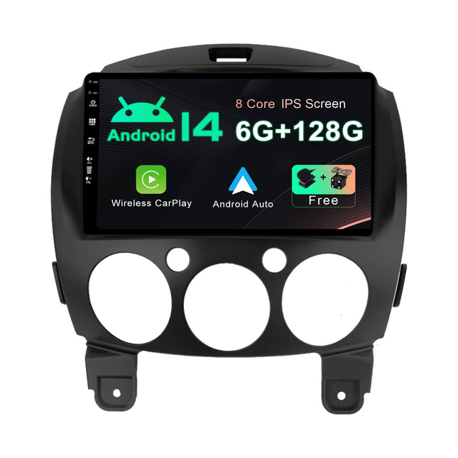 SXAUTO Android 14-6G+128G - IPS autoraadio sobib Mazda 2-le (2007-2012) - sisseehitatud Carplay/Android Auto/DSP - LED-kaamera + mikrofon - DAB roolil juhtimine kiire käivitusega 360-kaamera WiFi AHD - 2 DIN 9-tolline