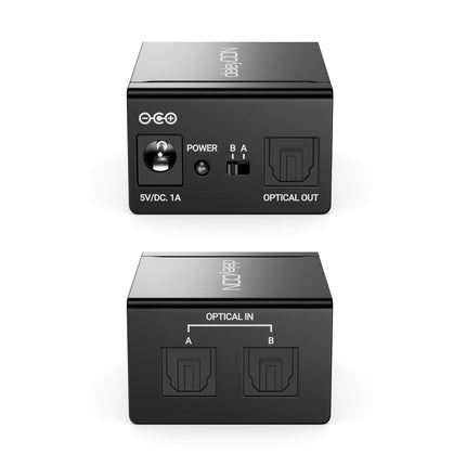 deleyCON Toslink 2x1 lüliti SPDIF audio kasutusjuhend lüliti jaotur jagaja (2x sisend / 1x väljund) optiline TOSLINK - metallist