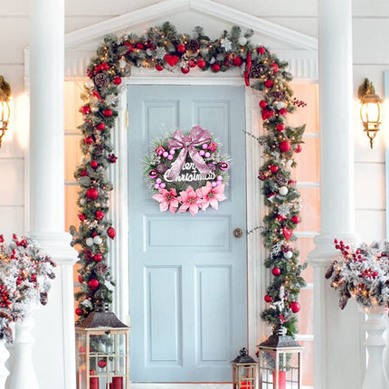 Warmiehomy Christmas Wreath, 30 cm Artificial Front Door Wreath, Hanging Garland with Flowers and Bow, Christmas Decoration, New Year Decoration, Gift, Pink